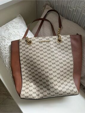 Michael Kors Beige & Brown MK Logo Tote with Gold Hardware